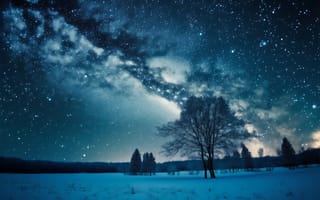 Картинка ai art, Зима, ночное небо, снег, Деревьями