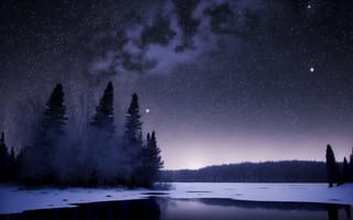 Картинка ai art, Зима, ночное небо, Деревьями, снег