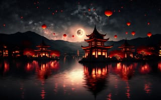 Картинка ai art, Небесные фонари, воды, ночь, Азия
