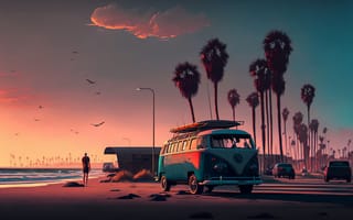 Картинка ai art, Volkswagen, пальмовые деревья, закат солнца, Пляжный, Автобусы, Серфинг