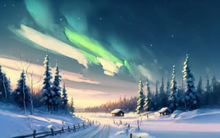 Картинка ai art, Деревьями, лес, Зима, природа, Звезды, дорожка, небо, Северное сияние, снег, Цены расширенных лицензий