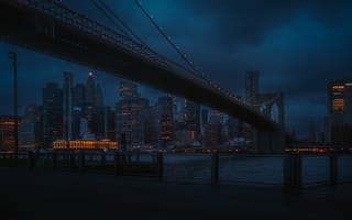 Картинка Нью-Йорк, здание, Бруклинский мост, огни города, Спортивное снаряжение, ночь, озеро, небоскреб