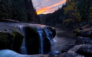 Картинка закат, деревья, природа, река, водопад