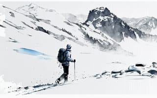 Картинка ai art, снег, Горы, Турист, пейзаж, Иллюстрация, Зима, Watercolor style