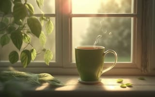 Картинка ai art, Иллюстрация, листья, Солнечный лучик, чай, Подоконник