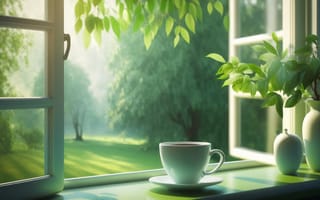 Картинка ai art, Подоконник, окно, Иллюстрация, природа, напиток, Зеленый, чай, листья, Растения