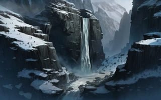 Картинка ai art, Иллюстрация, снег, Зима, водопад