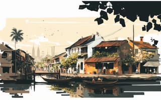 Картинка ai art, Иллюстрация, воды, лодка, деревня, здание, дом