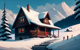 Картинка ai art, Иллюстрация, снег, Зима, дом, Горы
