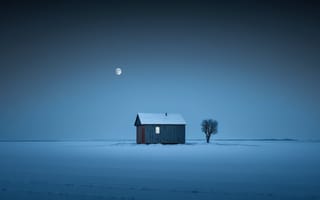 Картинка ai art, дом, Луна, Зима, снег, Синий, ночь