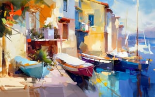 Картинка ai art, картина, деревня, лодка, Средиземноморье, импрессионизм