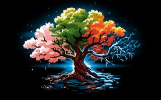 Картинка дерево, рисованные, арт, цветной, разноцветный, цвета, amoled, амолед, черный
