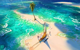 Картинка VSales, цифровое искусство, дети, воды, Песок, Иллюстрация, море, парусник, Пляжный, лодка, пейзаж, пальмовые деревья, Художественное произведение