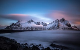 Картинка пейзаж, Горная порода, Горы, снег, природа, Вестрахорн, Vestrahorn Mountain, Исландия, Цены расширенных лицензий