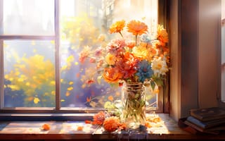 Картинка солнечные лучи, цветы, листья, Солнечный лучик, Лепестки, окно