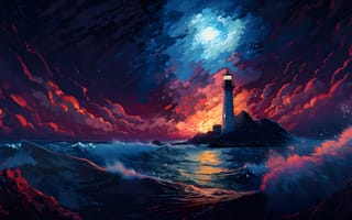 Картинка ocean view, маяк, Волнами, воды, Цены расширенных лицензий, цифровое искусство, небо