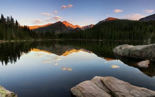 Картинка Bear Lake, Национальный парк Скалистых гор, Размышления, пейзаж, озеро, Длинные пики, закат солнца