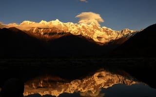Картинка Тибет, Цены расширенных лицензий, закат солнца, снег, воды, небо, Размышления, Солнечный лучик, sunset glow, природа, Горы