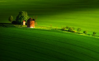 Картинка природа, пейзаж, Зеленый, Martin Ku era, Чешская Республика, Мельница, Ветряная мельница, Поле, Деревьями