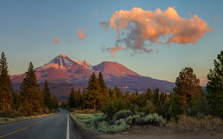 Картинка Орегон, Гора Шаста, Калифорния, Дорога, закат солнца, Деревьями, сосны, пейзаж