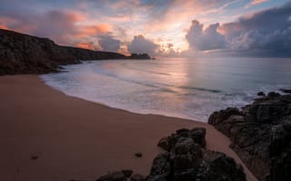 Картинка Пляжный, пейзаж, Англия, закат солнца, Saint Levan, горные породы, Волнами