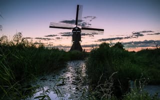 Картинка Broekmolen, Streefkerk, закат солнца, Трава, Голландия, пейзаж, Мельница, Стоков, Wind Mill
