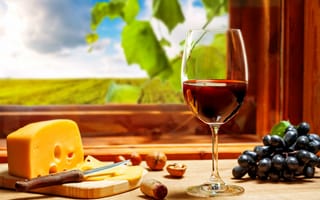 Картинка виноград, бокал, вино, сыр