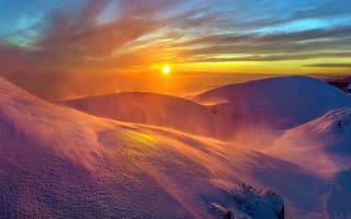 Картинка закат, метель, Зима, горы