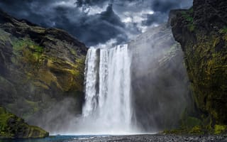 Картинка красиво, пасмурно, скалы, водопад, исландия