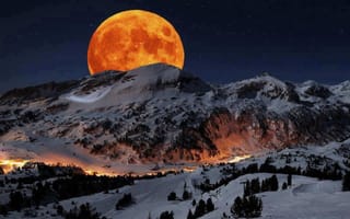 Картинка горы, снег, свет, ночь, суперлуна, небо