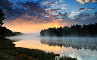 Картинка закат, река, природа, туман