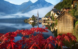 Картинка природа, община, горы, ветки, пейзаж, hallstatt, blue lake, дома, austria, озеро