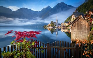 Картинка природа, hallstatt, пейзаж, горы, дома, austria, община, озеро, blue lake