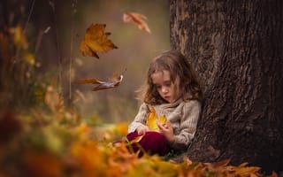 Обои природа, листопад, осень, девочка, дерево, ствол, ребенок