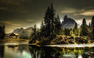 Картинка природа, дом, доломиты, горы, пейзаж, деревья, италия, озеро, lago federa
