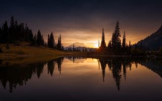 Картинка закат, маунт-рейнир, красиво, природа, деревья, озеро