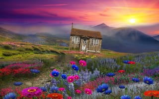 Картинка пейзаж, рендеринг, дом, цветы, солнце, горы, 3d
