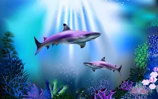 Картинка фантазия, мир, подводный, акулы