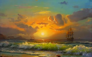 Картинка море, корабли, thomas kinkade, прибой, картина, живопись