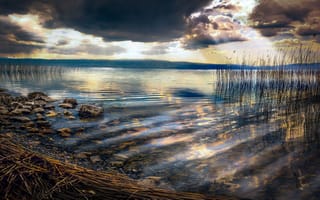 Картинка природа, macedonia, трава, облака, камни, озеро