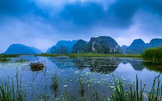 Картинка природа, небо, горы, вьетнам, озеро, пейзаж