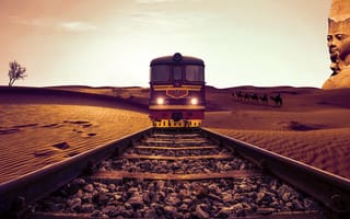 Картинка пустыня, 3d графика, поезд, рельсы, караван, изваяние