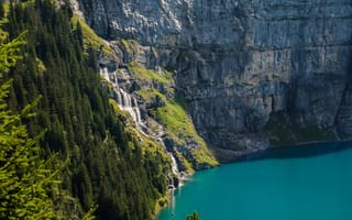 Картинка природа, пейзаж, швейцария, озеро, скалы, горы, ошинен, леса, водопад