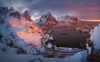 Картинка горы, лофотенские острова, Зима, свет, фьорд
