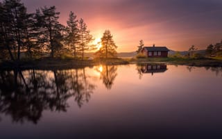 Картинка закат, ringerike, домик, отражение, рингерике, озеро, norway, деревья, норвегия