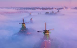 Картинка туман, ветряная мельница, нидерланды