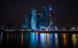 Картинка река, город, ночь, москва-сити, Москва
