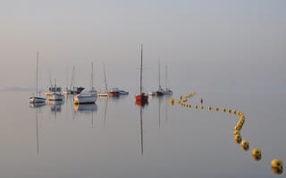 Картинка море, яхты, лодки, рыболовная сеть, туман