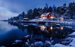 Картинка пейзаж, озеро, Зима, швеция, камни, дома