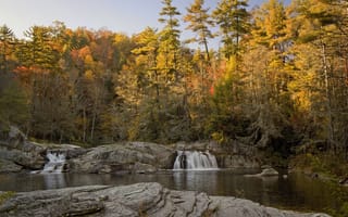 Картинка пейзаж, лес, осень, водопады, скалы, река